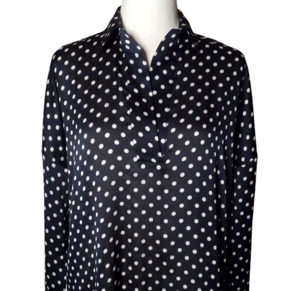 Zara Basic Split V Neck Navy Blue & White Polkadot Flowy Blouse Office Size XS - Picture 2 of 6